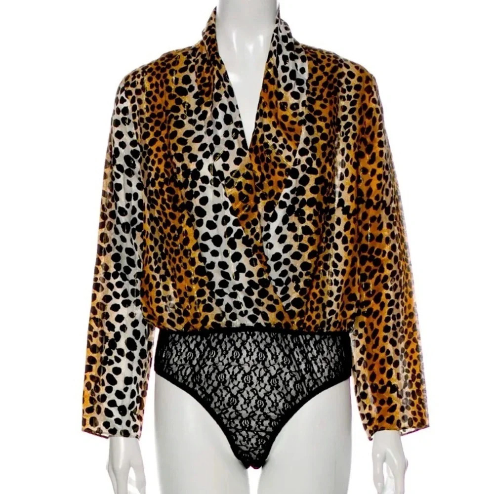 Rixo London Avril Leopard Silk Lace Bodysuit Top S